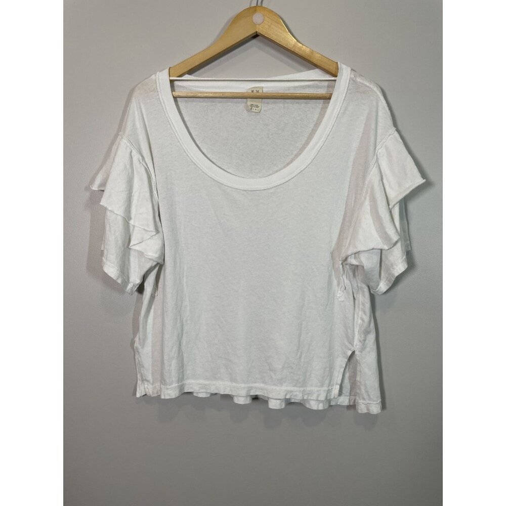 We The Free White Cotton Scoop‎ Neck Top Size XS Ruffle Short Sleeve Oversized